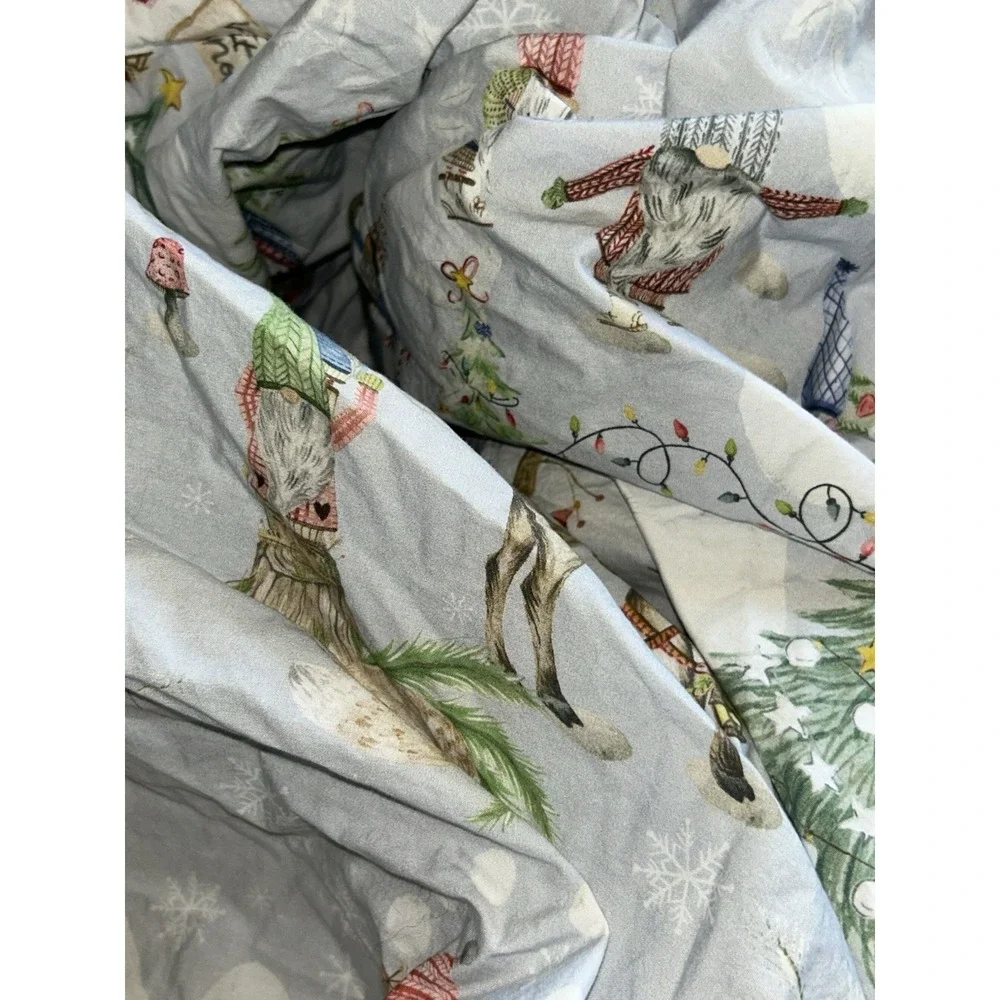 Pottery Barn Snow Day Gnome Full Fitted Sheet Excellent Christmas ORGANIC COTTON